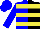 Silk - Blue and black halved, white and yellow hoops, black emblem