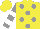 Silk - Yellow, grey spots, grey and white hoops on sleeves, yellow cap