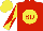 Silk - Red, yellow ball, red 'bd,' yellow and red diagonal quartered sleeves, red and yellow cap