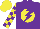 Silk - Purple, yellow ball, purple lightning bolt, yellow blocks on sleeves, purple and yellow cap