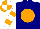 Silk - Navy blue, orange ball, orange bars on white sleeves, orange and white quartered cap