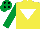 Silk - Yellow, white inverted triangle, emerald green sleeves, emerald green cap, black diamonds