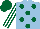 Silk - Light blue,dark green spots, white and dark green striped sleeves,dark green cap