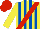 Silk - yellow, royal blue stripes, red sash, yellow sleeves, red cap