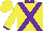 Silk - Yellow, purple crossed sashes, yellow sleeves, purple collar and cuffs, yellow cap