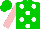Silk - Green, white spots, pink sleeves