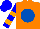 Silk - Neon orange, royal blue ball with 'b,' blue sleeves, two orange hoops, blue cap