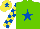 Silk - Light green, royal blue star, yellow and royal blue checked sleeves, yellow cap with royal blue star