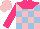 Silk - Pink and light blue checked, hot pink yoke, hot pink sleeves, pink cap