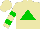 Silk - Tan, green triangle, two green hoops on sleeves, tan cap