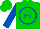 Silk - Green, royal blue circled 'ev', green ball on royal blue sleeves