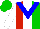 Silk - Red, white and green thirds, blue 'v', red maple leaf on white sleeves, reed, white and green cap