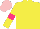 Silk - Yellow, hot pink framed square, hot pink hoop on yellow sleeves, yellow and pink cap