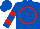 Silk - Royal blue, red circled 'js', red bars on sleeves