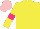 Silk - Yellow, hot pink framed square, hot pink hoop on yellow sleeves , yellow and pink cap