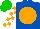 Silk - Royal blue, orange disc, orange and white checked sleeves, green cap