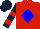 Silk - Red, blue diamond, red hoops on dark blue sleeves, dark blue cap