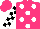 Silk - Hot pink, white polka-dots, black, white and pink emblem inside white ball on back, pink cuff on black and white checkered sleeves