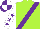 Silk - Lime green, purple sash, purple stars on white sleeves, purple and white quartered cap
