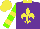 Silk - Purple, yellow fleur de lis and collar, fluorescent green sleeves, yellow hoops and cap