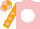 Silk - pink, white ball, pink spots on orange sleeves, pink and orange quartered cap