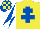 Silk - Yellow, royal blue cross of lorraine, white and royal blue diabolo on sleeves, royal blue and yellow check cap
