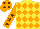 Silk - Yellow & orange diamonds, brown stars on orange sleeves, brown spots on orange cap