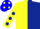 Silk - YELLOW & DARK BLUE HALVED,yellow slvs,dark blue spots,blue cap,yellow spots