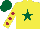 Silk - Yellow, dark green star, yellow sleeves, maroon spots, dark green cap