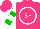 Silk - Hot pink, white circled 'sf,' white and green bars on sleeves, hot pink cap