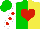 Silk - Green and yellow halves, red heart, red spots on white sleeves