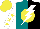Silk - Teal and black halves, white lightning bolt on yellow ball, yellow stars on white sleeves, yellow cap