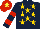 Silk - Dark blue, gold stars, white, red hooped sleeves, red cap, yellow star