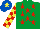 Silk - Emerald green, red stars, red and yellow check sleeves, royal blue cap, yellow star