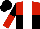 Silk - Red and black halved horizontally, white stripe, black and red halved sleeves, black cap