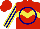 Silk - Red, yellow chevron hoop, navy blue circle, yellow stripes on navy blue sleeves