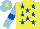 Silk - Yellow, royal blue stars, light blue sleeves, royal blue armlets, light blue cap, yellow star