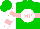 Silk - Green, pink 'mp' on white ball, white and pink belt, white and pink bars on sleeves, green cap
