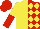 Silk - Yellow and red halved, red and yellow diamonds on yellow and red halved sleeves, red cap