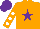Silk - orange, purple star, white spots on sleeves, purple cap