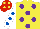 Silk - Yellow, purple spots, white sleeves, royal blue spots, red cap, yellow spots