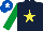 Silk - Dark blue, yellow star, emerald green sleeves, royal blue cap, white star
