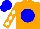 Silk - Orange, blue ball, orange sleeves, white diamonds, blue cap