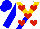 Silk - White, red hearts with gold crowns, gold 'tr' on blue and gold v-sash, blue sleeves and cap