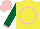 Silk - Yellow, pink circle, forest green sleeves, pink cuffs, pink cap