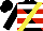 Silk - Black and red diagonal quarters with yellow sash, white hoops on red and black sleeves
