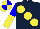 Silk - Dark blue, yellow large spots, blue and yellow halved sleeves, yellow and blue quartered cap