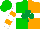 Silk - Green and orange halved, white hoop, emerald green shamrock, green and orange hoops on white sleeves, green cap