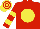 Silk - Red, yellow ball, red horses head, yellow hoops on red sleeves, yellow and red hooped cap