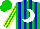 Silk - Green, blue stripes, white crescent moon, yellow stripes on sleeves, green cap